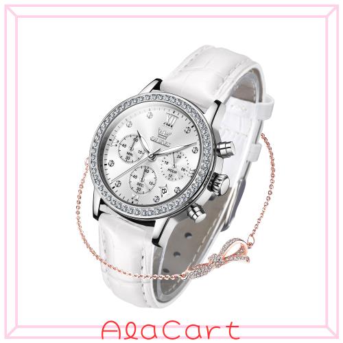 OLEVS 腕時計 レディース 人気 革ベルト うで時計 クォーツ 綺麗 ブレスレットセット レザー 軽量 薄型 防水 日付 夜光 ホワイト 白 彼女