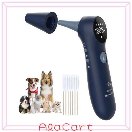 ペット用耳式体温計 犬、猫と家畜に適用 長いプローブ、℃・？表示切替ボタンと音声オン・オフボタン付き 1秒で検温可能 ペット用綿棒20本