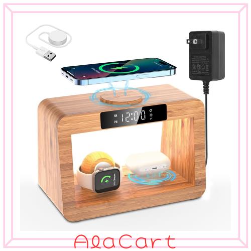 Xunhomon 光目覚まし時計 マグセーフ充電器 3in1 磁気ワイヤレス充電スタンド 竹製 3色テーブルランプ Magsafe対応iPhone 15/14/13/12/Mi