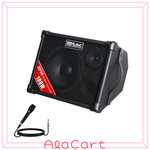 Coolmusic BP80 バッテリー駆動アコースティックギターアンプ - ポータブル BT アンプ 100W、6 入力、3 バンド EQ、ブラック