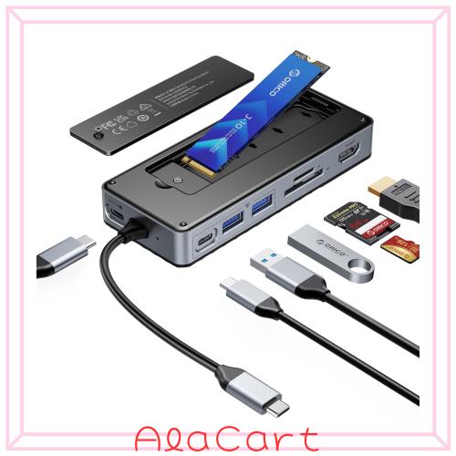 M.2 SSDケースー付きUSB Cハブ、ORICO USB-C ドッキングステーション、10Gbps USB 3.2 Gen2 M.2 NVMe/SATA 両対応ケース、サポート4K@60H