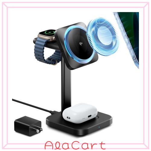 ESR Qi2 3 in 1 ワイヤレス充電器（CryoBoost搭載) Apple認定Watch充電器＆15W Qi2 Magsafe充電器（iPhone用）スマホ冷却ワイヤレス充電器