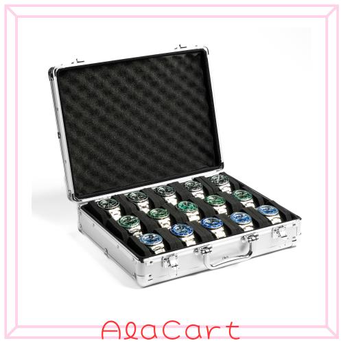 AUKURA 15スロット腕時計オーガナイザーケース、シルバーアルミニウム時計収納ボックス、 ハードウォッチトラベルボックス、時計のディス