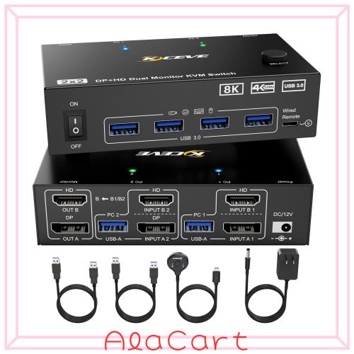 KCEVE デュアルモニター USB3.0 DP HDMI KVMスイッチ 8K@60Hz/4K@120Hz 2入力2出力(コピー/拡張モードをサポート) 2台のモニターと１組の