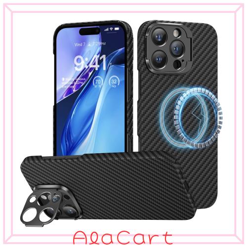 memumi iPhone 16 Pro対応アラミド繊維ケース「レンズスタンドとマグネット内蔵」0.5mm極薄 耐衝撃 全面保護カバー ワイヤレス充電対応