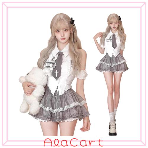 [Ligwon] 地雷系 服 制服 コスプレ セットアップ ゴスロリ 肩出し JK制服 上下セット かわいい ミニスカート ケーキ スカート レディース