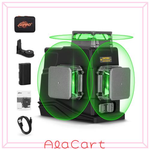 JEPPO レーザー墨出し器グリーンフルライン、3x360°墨出しレーザー自動補正、3D 12ラインオートレーザーレベルは壁掛け可能です、建築や