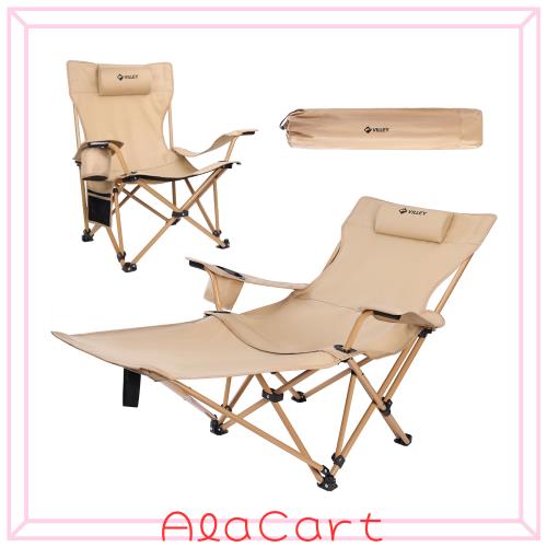 VILLEY アウトドアチェア リクライニングチェア キャンプ椅子 レイチェア 折りたたみ 枕とオットマン付き 耐荷重150KG 無段階 調節可能