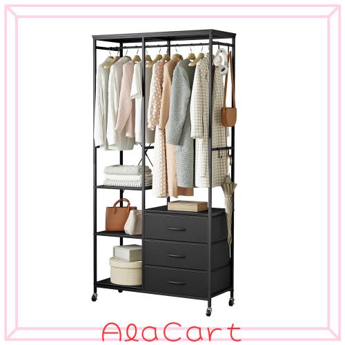 SINNONAKA ハンガーラック 引き出し付き ワードローブ 衣装棚 押し入れ 棚付き 棚板可動式 収納付き 収納ラック 大容量 頑丈 wardrobe 全の通販は
