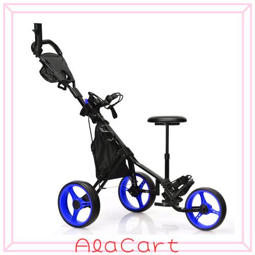 GYMAX ゴルフカート ゴルフ用カート ゴルフキャリー 傘差しホルダー 椅子付き 乗れる 3輪 折りたたみ 高さ調節可能 収納 コンパクト プッ