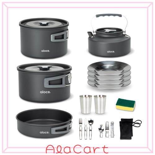 Alocs 17pcs キャンプ用調理器具 セット キャンプ鍋とフライパン キット ポータブル キャンプ料理セット アクセサリー付き バックパック