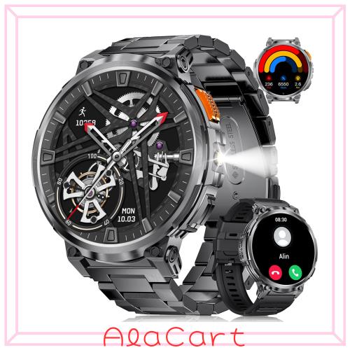 LIGE K66 メンズ スマートウォッチ【2024 懐中電灯機能 軍用規格＆防水防塵 ＆交換可能な2種類のストラップ】 1.85インチディスプレイ 730m