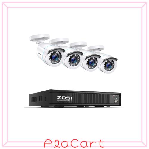 ZOSI 200万画素 8CH防犯カメラシステム 4台バレットカメラセット IP66 24mナイトビジョン