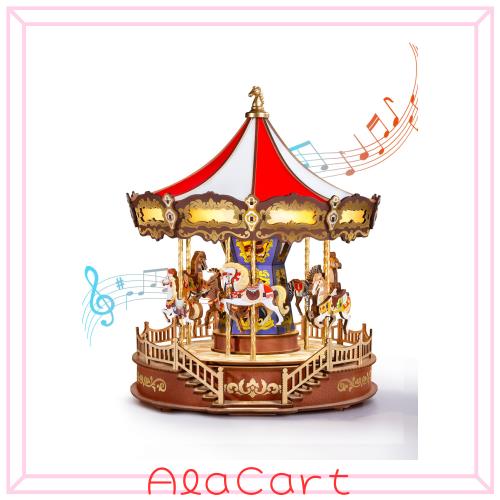 ROBOTIME 立体パズル 3d ウッドパズル 木製 パズル LEDライト付き 組み立て オルゴール クラシックメリーゴーランド 工作キット DIY クラ