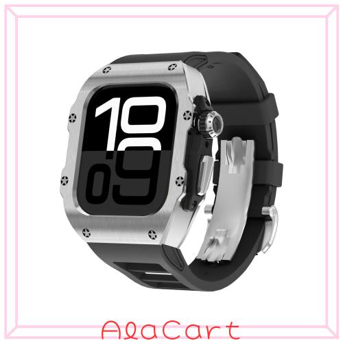 高級Apple Watch 46mm 316Lステンレススチールケースバンド付き、高級iWatch 10 46mmメタルカバー + フッ素ゴム(FKM) ストラップ、メンズ