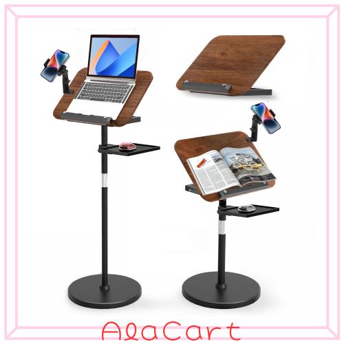 2 in 1多機能スタンドデスク - 高さ調整可能60-132cm、床置き＆卓上兼用音楽スタンド、スマホスタンド・収納トレイ付き、楽譜・PC・読書
