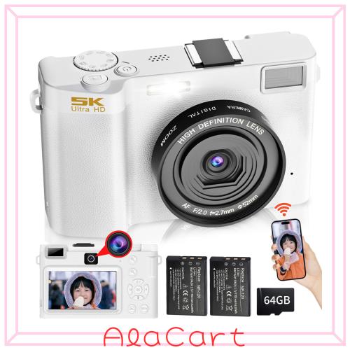 Moledro WIFI転送機能 デジタルカメラ スマホに送れるデジカメ 5K 6400万画素 デュアルレンズ 64GBマイクロSDカード付き 18倍デジタルズ