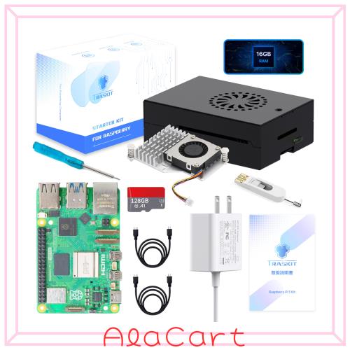 TRASKIT Starter Kit For Raspberry Pi 5 /ラズベリーパイ5 RAM 16GB 技適マーク付——128GB ラズベリーパイ OSをプリインストー（金属ケー