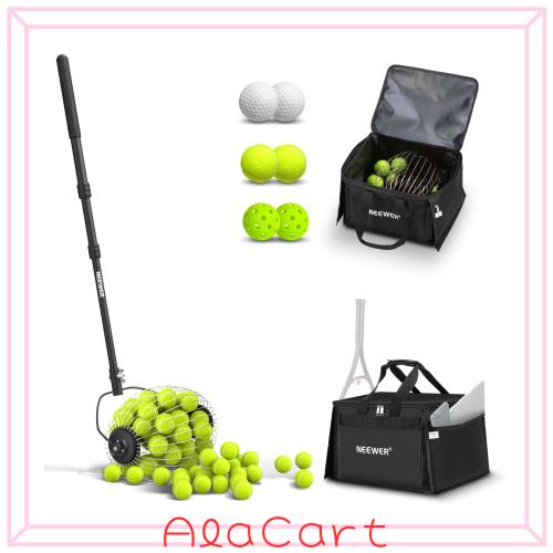 NEEWER テニスボールピッカー＆ホッパーセット 110個収納 伸縮式ローリングゴルフボールレトリーバー/ピックルボールコレクター/ポリエス