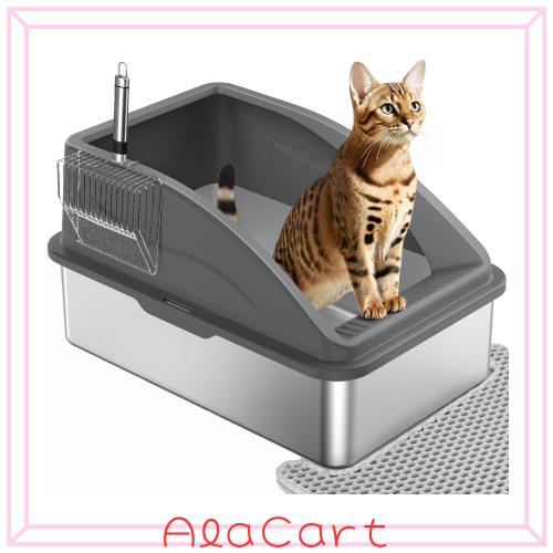 DUDULIFE ステンレス鋼製 大型猫用トイレ 半密閉式 2 合 1 金属製スコップ付き 飛び散り防止 漏れ防止 掃除しやすい 猫用マット付き お手
