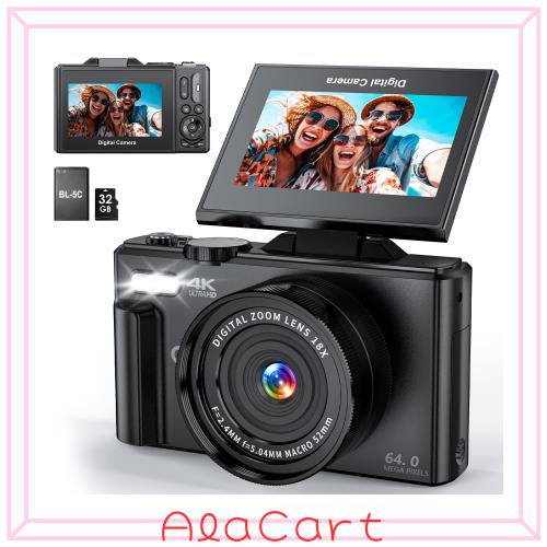 CIRRO 4Kデジタルカメラ 写真撮影用｜WiFi対応 64MP UHD Vlogカメラ｜18倍デジタルズーム 超広角レンズ｜3インチ180°回転スクリーン｜32