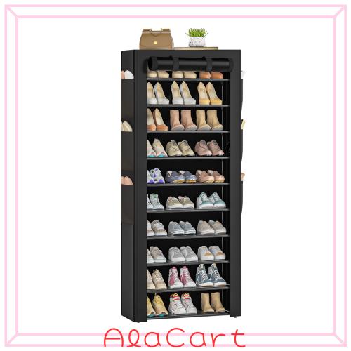 OYREL シューズラック 10 段 36-41 足収納 ブラック 頑丈靴棚 サイドポケット 6 個付き 省スペース設計 幅約 60× 奥行 29× 高さ 175cm