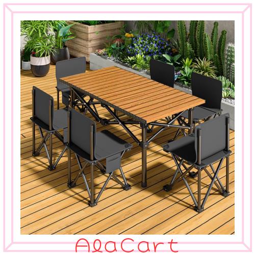 HEEOREV アウトドア テーブル チェアセット キャンプ テー ブル 7点セットサイズ：95x55x49cm 木の色 屋外用折りたたみ椅子 自動運転ツア
