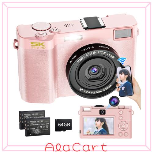 Moledro 5K スマホに送れるデジカメ デジタルカメラ WIFI転送機能 6400万画素 デュアルレンズ 64GBマイクロSDカード付き 18倍デジタルズ