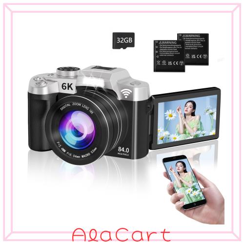 【2025年最強6K録画】 デジタルカメラ 8400万画素デジカメ スマホに転送できるカメラ Wi-Fi転送 コンパクトカメラ180°回転可能 ディスプ