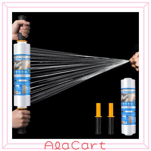 Origuuds ストレッチフィルム 厚さ20u 梱包用ラップ 持ち手2本付き 手巻き用 梱包用品 お手軽 簡単 業務用ラップ 引越し (380mmx300m, 個