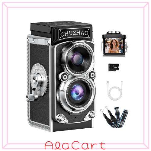 ミニレトロデジタルカメラ、ポータブルヴィンテージTLRスタイルオートフォーカスポイントアンドシュートコンパクトトラベル12MP 1080Pカ