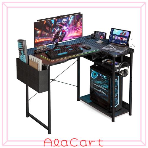 Acrolix ゲーミングデスク L字 左右入替OK 収納バッグ付き コンセント付き 黒カーボン板 奥行70cm 幅120 cm 棚高さ調節可能 パソコンデス