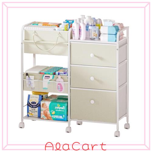 ワゴン 収納カート ベビー用品収納 キャスター付き 3段引き出し付き 82×29×85cm 取っ手付きバスケット付属 ベビー部屋 寝室用 ベージュ