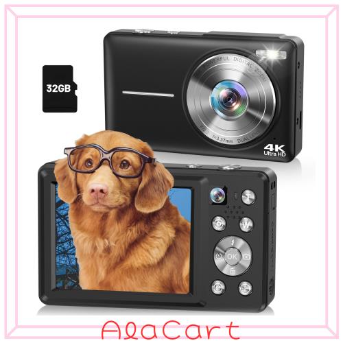 ToAuite 4Kデジカメ 6400万画素 デジタルカメラ 前後カメラ 自撮り AF機能 5Pレンズ採用 超軽量 学生 修学旅行 アウトドア 登山 黒