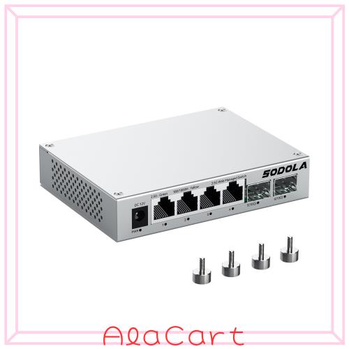 Sodola 2.5gbps スイッチングハブ 6ポート（4x2.5G RJ45と2x10G SFP+） 搭載 Web管理対応 アルミニウム合金製筐体 放熱性能 ファンレス静