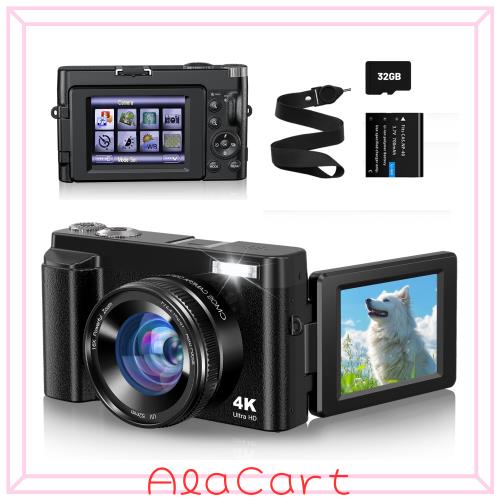 4K デジカメ デジタルカメラ 4800万画素 自撮りカメラ vlog ユーチューバー インスタグラム 用 三脚対応 手ブレ補正 256gメモリーカード