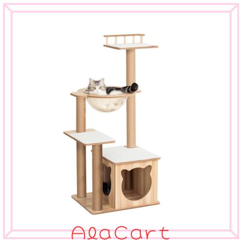 LULUCAT キャットタワー 据え置き おしゃれ コンパクト 多頭飼い 高さ112cm 木製 シニア猫 冬夏兼用 滑り止めマット付き 子猫 安定感 低