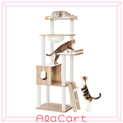 OROPY キャットタワー 据え置き型 木製 157cm 5段猫タワー 多頭飼い 大型猫対応 短足猫 老猫 太り気味猫に優しい 宇宙船ハンモック 隠れ