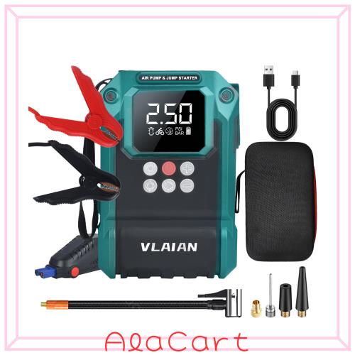 VLAIAN ジャンプスターター、エンジンスターター、DC/USB急速充電 150PSI 急速膨張 自動停止機能 自転車/バイク/車/ボールに適用 LED緊急