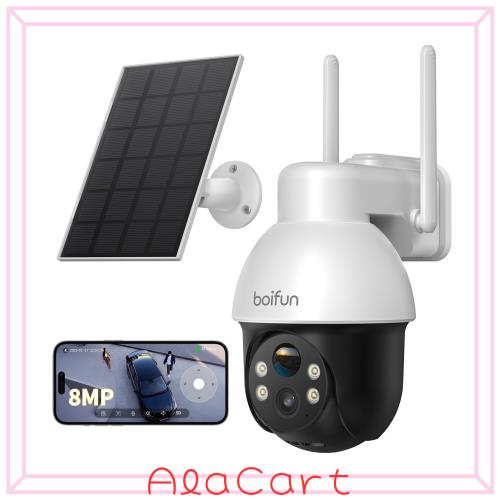 BOIFUN 800 屋外防犯カメラ WiFi6 PTZ 15m暗視 IP65防水 ソーラーパネル付