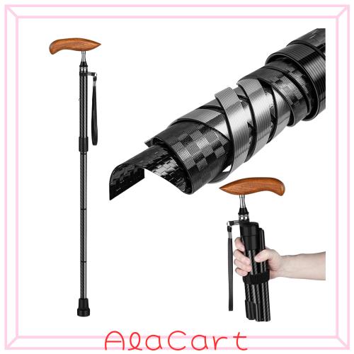 Qboo折りたたみ杖 カーボン杖 超軽量318g 女性用 男性用 木製ハンドル 介護杖 ホルダー 伸縮式杖 歩行支援 5段階調整 携帯に便利 男女兼