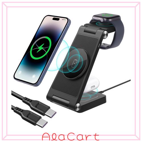ワイヤレス充電器 3in1 充電スタンド magsafe 3in1 iphone iwatch充電器 18Ｗ急速充電 置くだけ マグネット式充電 スマホ・AirPods・iwat