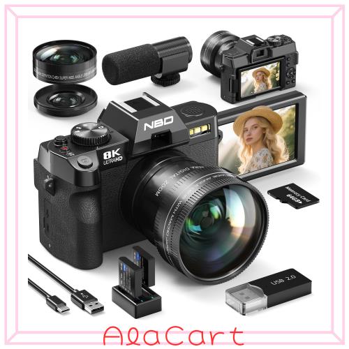 NBD 8K 6400万画素 デジタルカメラ【Wi-Fiとアプリ制御】16倍ズーム 一眼レフカメラ 180°フリップスクリーン | オートフォーカス？手ぶ