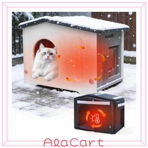 断熱ライナー付き屋外猫ハウス、防風防水プラスチック製断熱猫小屋（脱出ドア付き）室内用防水野良猫/ペット猫シェルター屋外用子犬・ウ