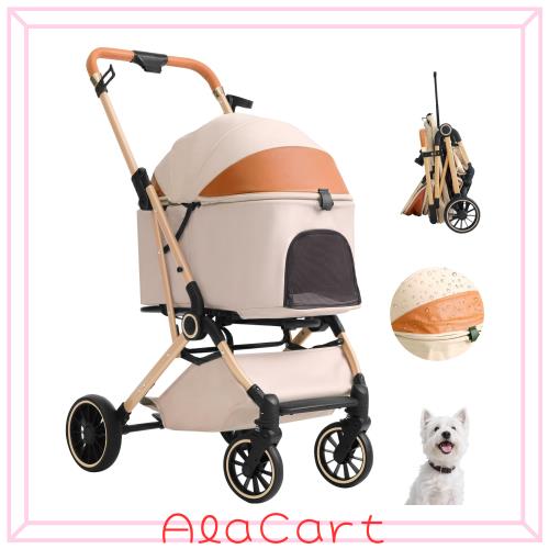 愛玩動物手押し車 1秒コット付折り畳み 犬用 小型犬 中型犬 耐荷重25kg カーキ