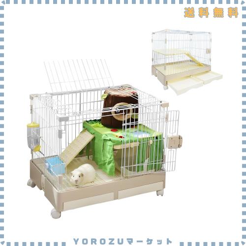 ウサギ ペットケージ ハムスター 小動物ケージ キャスター付き 屋根付き 天井扉 飼育 いぬ ネコ うさぎ 組立簡単 ベージュ 2層 高さ61CM