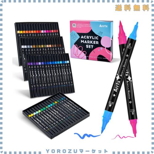 Arrtx アクリルペイントマーカー 64色 デュアルチップアクリルペイントペン 岩絵、木材、セラミック、布、ガラス、キャンバス、プラスチ