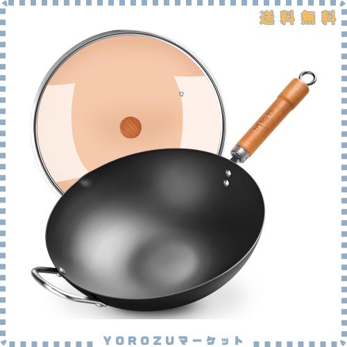 WANGYUANJI 中華鍋 大型鉄鍋36cm 錆びない窒化鉄 炒め鍋 揚げ物、炒め物、肉料理など調理可 深型 鉄 北京鍋 炒鍋 蓋付き IH・ガス対応 コ