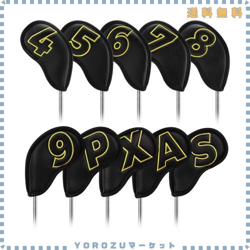 ゴルフアイアンカバー マグネット ウェッジカバー クラブヘッドカバー セット 10pcs(4-9,P,A,S,X) 両面金色番号 黒い合成皮革