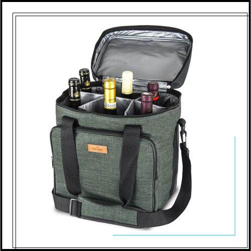 Freshore 断熱ワインキャリアー6ボトルバッグトートバッグ-キャンバスケースを調節可能なショルダーストラップ - （ダークグリーン）